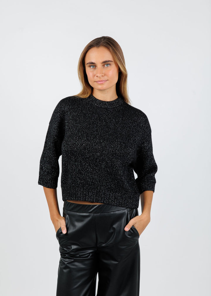 BK Sienna Elbow Sleeve Crew Sweater in Ebony available at Barbara Katz