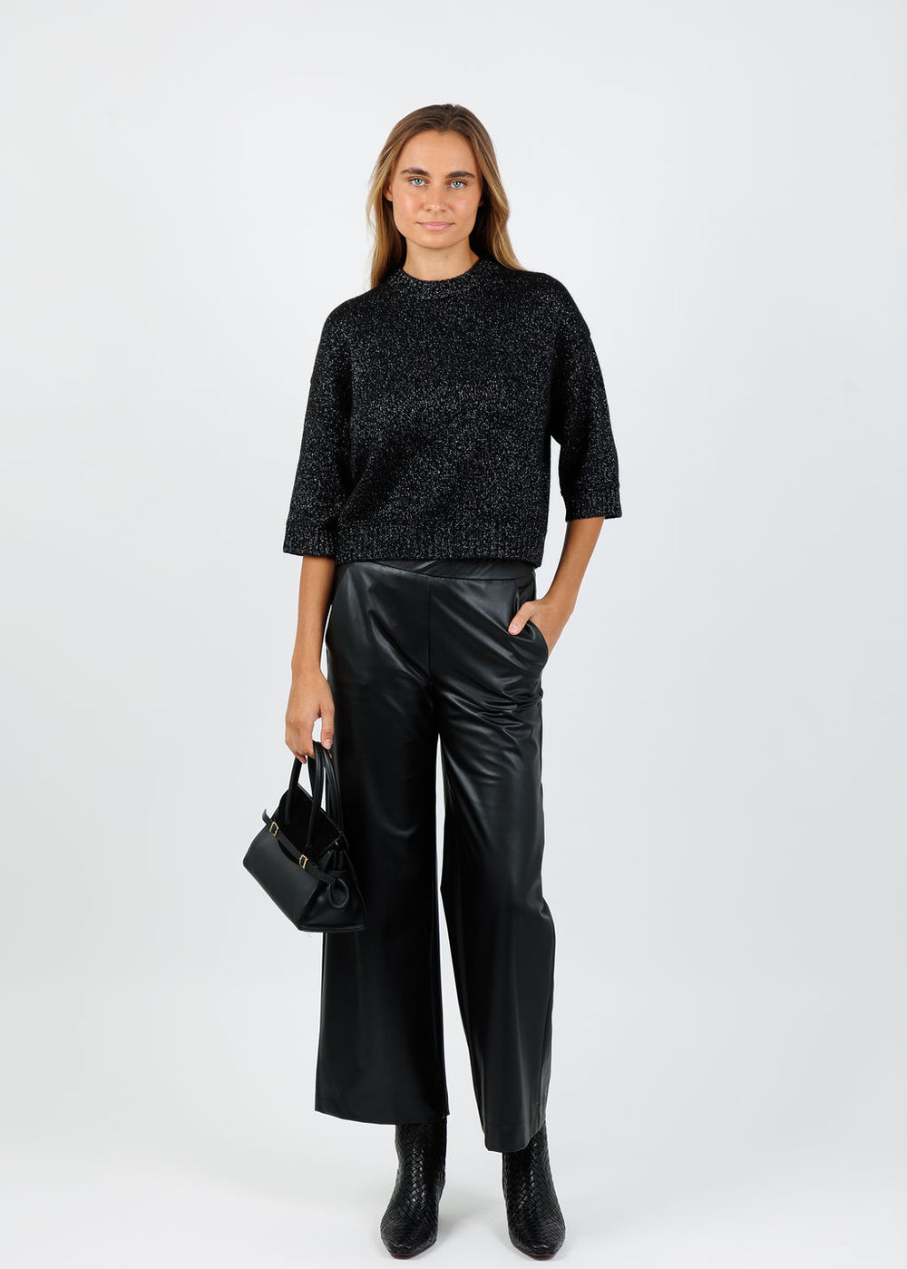 BK Sienna Elbow Sleeve Crew Sweater in Ebony available at Barbara Katz