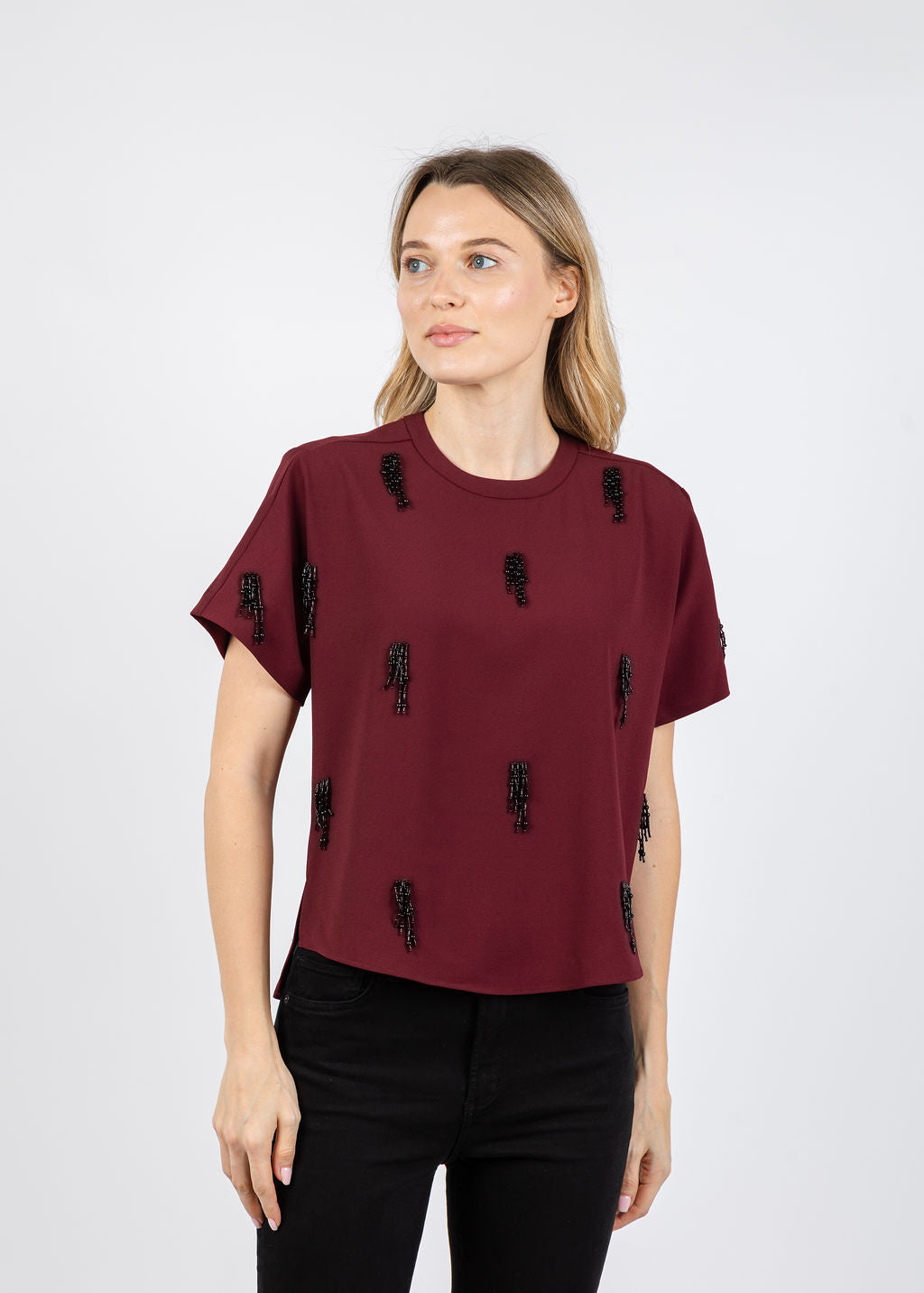 Simkhai Abelia Embellished T-Shirt in Oxblood available at Barbara Katz