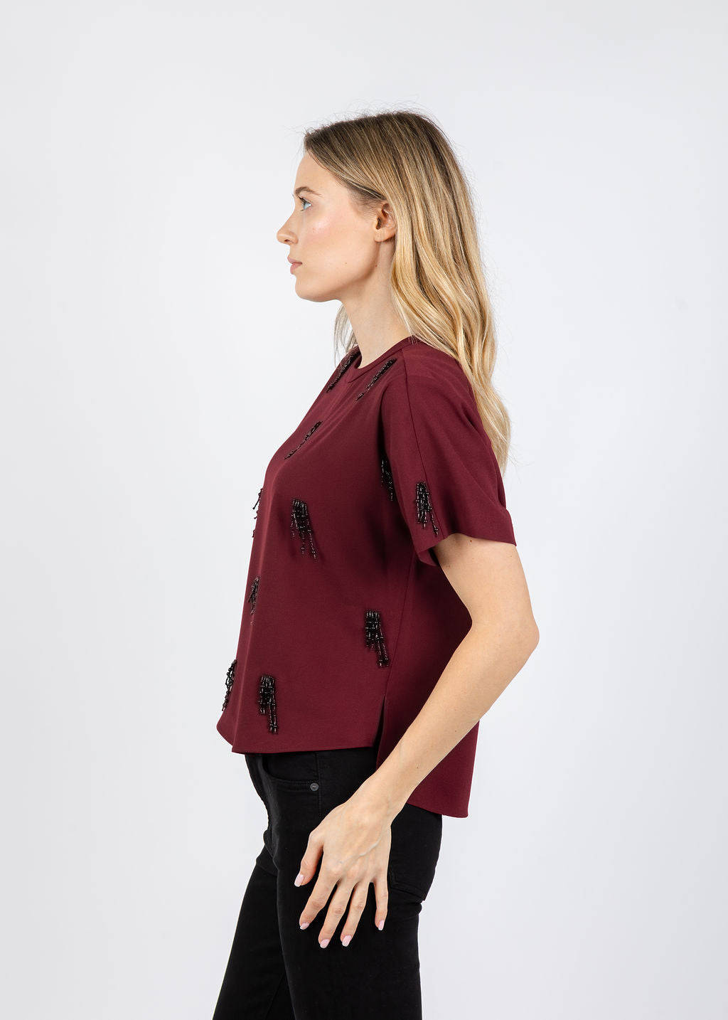 Simkhai Abelia Embellished T-Shirt in Oxblood available at Barbara Katz