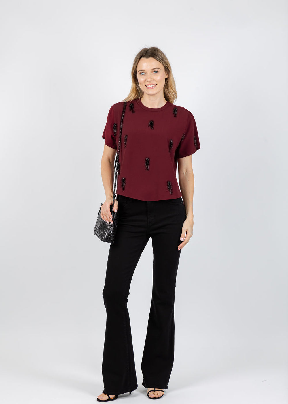 Simkhai Abelia Embellished T-Shirt in Oxblood available at Barbara Katz