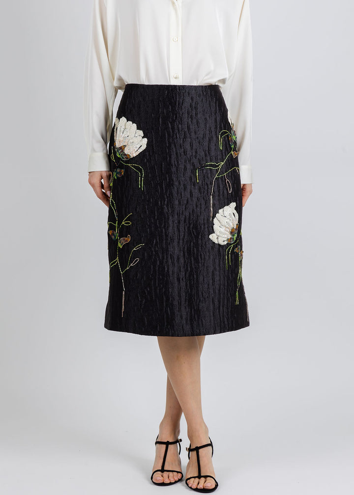 Simkhai Arla Floral Jacquard Midi Skirt in Black available at Barbara Katz