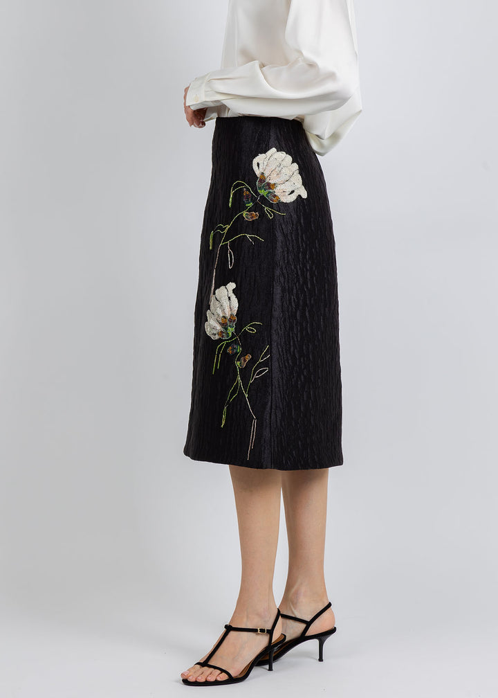 Simkhai Arla Floral Jacquard Midi Skirt in Black available at Barbara Katz