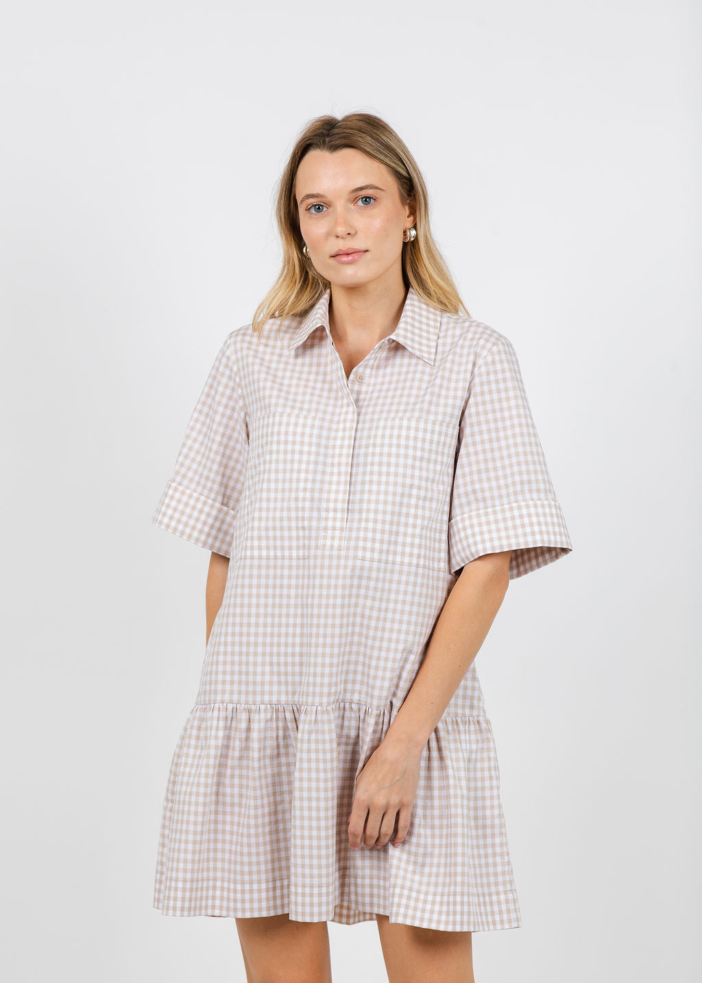 Simkhai Cris Short Sleeve Mini Dress in Sand Gingham available at Barbara Katz