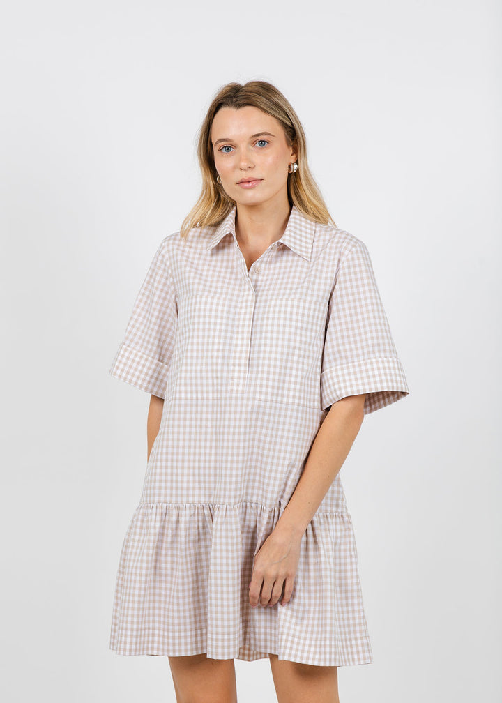 Simkhai Cris Short Sleeve Mini Dress in Sand Gingham available at Barbara Katz