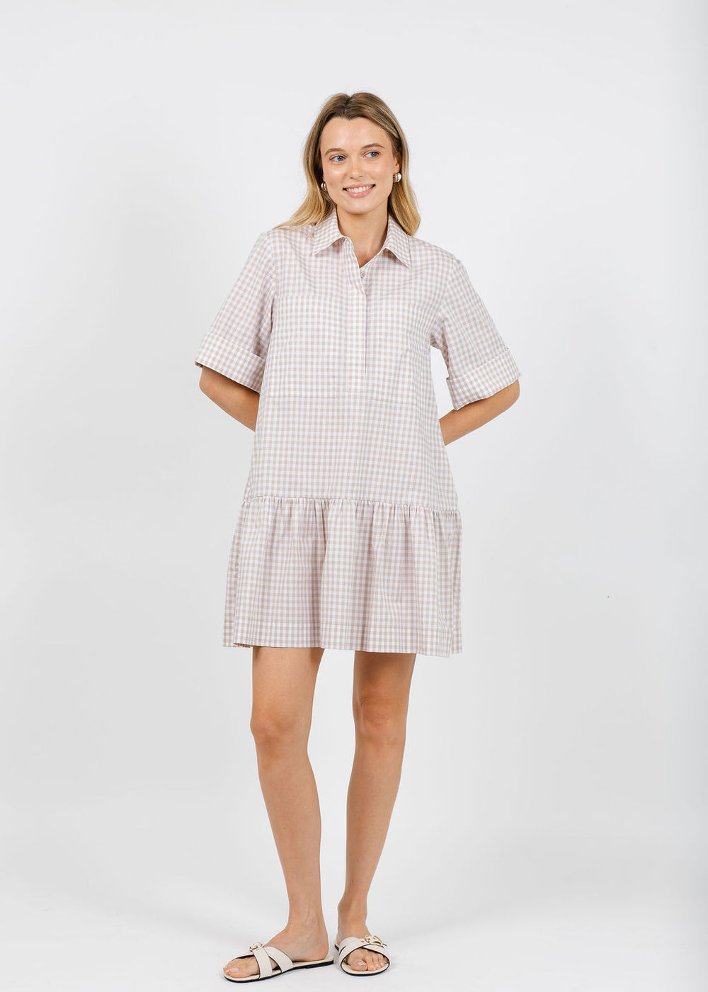 Simkhai Cris Short Sleeve Mini Dress in Sand Gingham available at Barbara Katz