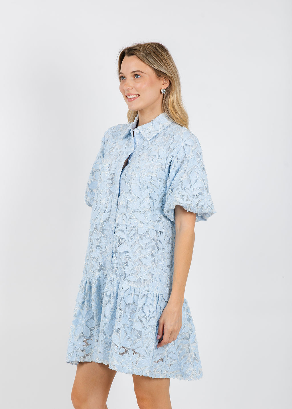 Simkhai Crissy Cotton Lace Mini Dress in Celeste Multi available at Barbara Katz