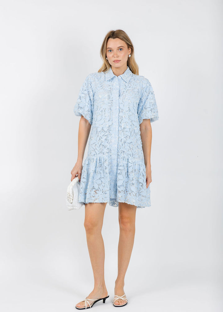 Simkhai Crissy Cotton Lace Mini Dress in Celeste Multi available at Barbara Katz