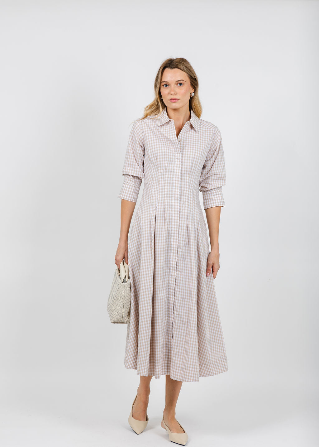 Simkhai Jazz Pintuck Midi Dress in Sand Gingham available at Barbara Katz