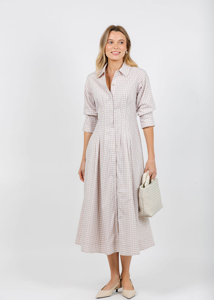 Simkhai Jazz Pintuck Midi Dress in Sand Gingham available at Barbara Katz