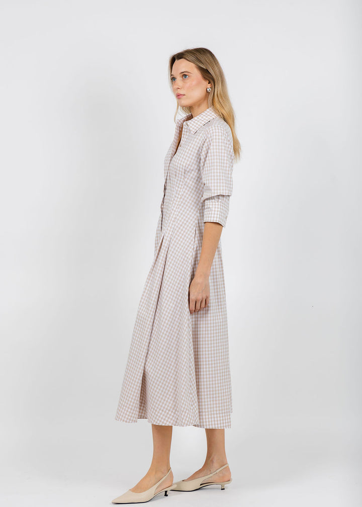 Simkhai Jazz Pintuck Midi Dress in Sand Gingham available at Barbara Katz