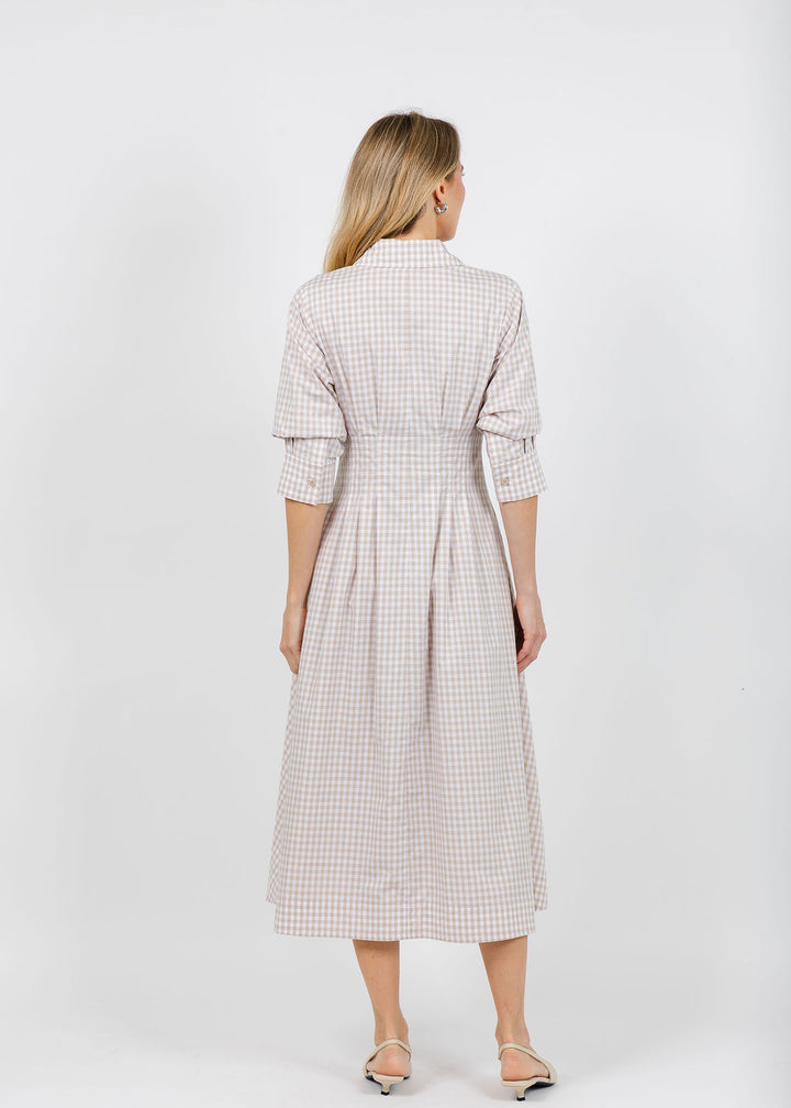 Simkhai Jazz Pintuck Midi Dress in Sand Gingham available at Barbara Katz