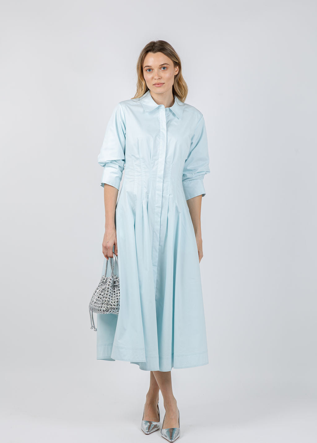 Simkhai Jazz Pintuck Midi Dress in Sky available at Barbara Katz