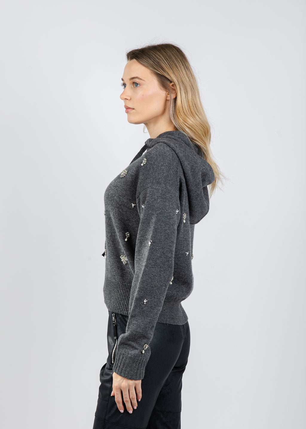 Simkhai Karmen Embellished Hoodie in Charcoal Grey available at Barbara Katz