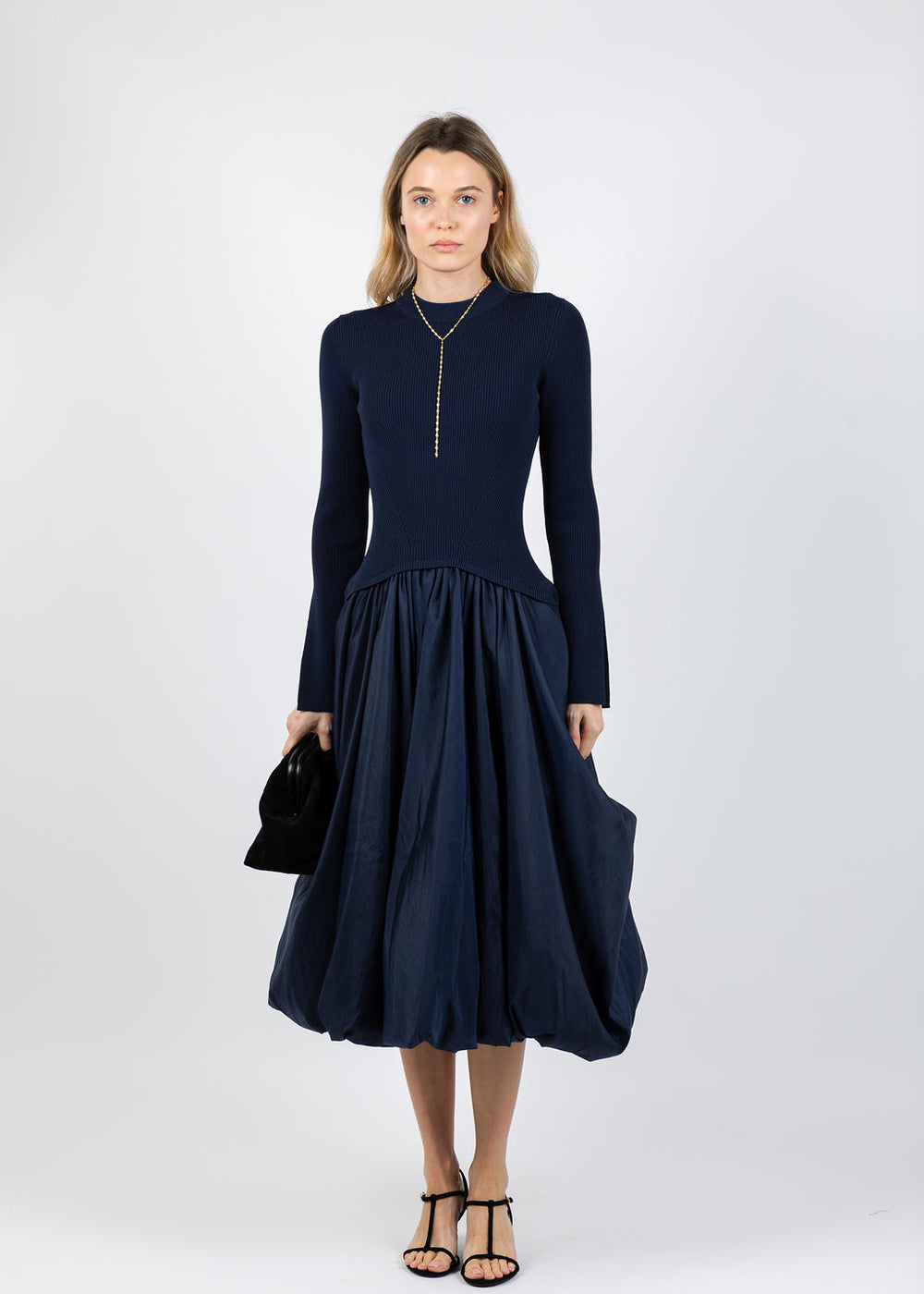 Simkhai Kenlie Long Sleeve Mock Neck Midi Dress in Midnight available at Barbara Katz