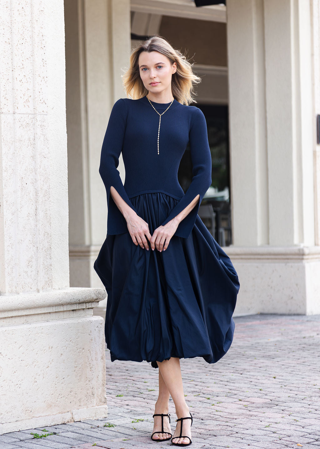 Simkhai Kenlie Long Sleeve Mock Neck Midi Dress in Midnight available at Barbara Katz