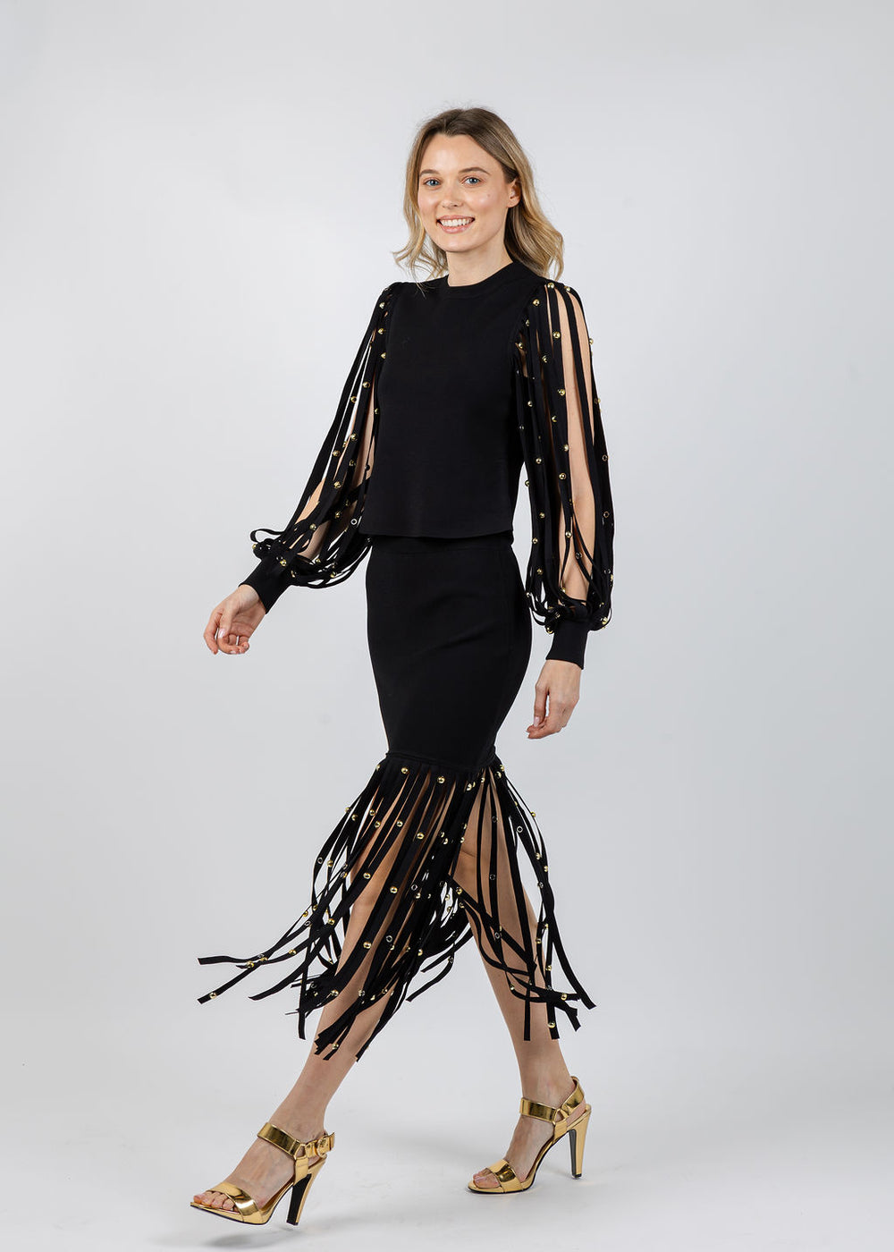 Simkhai Kinney Long Sleeve Top paired with Simkhai Melva Midi Skirt in Black available at Barbara Katz