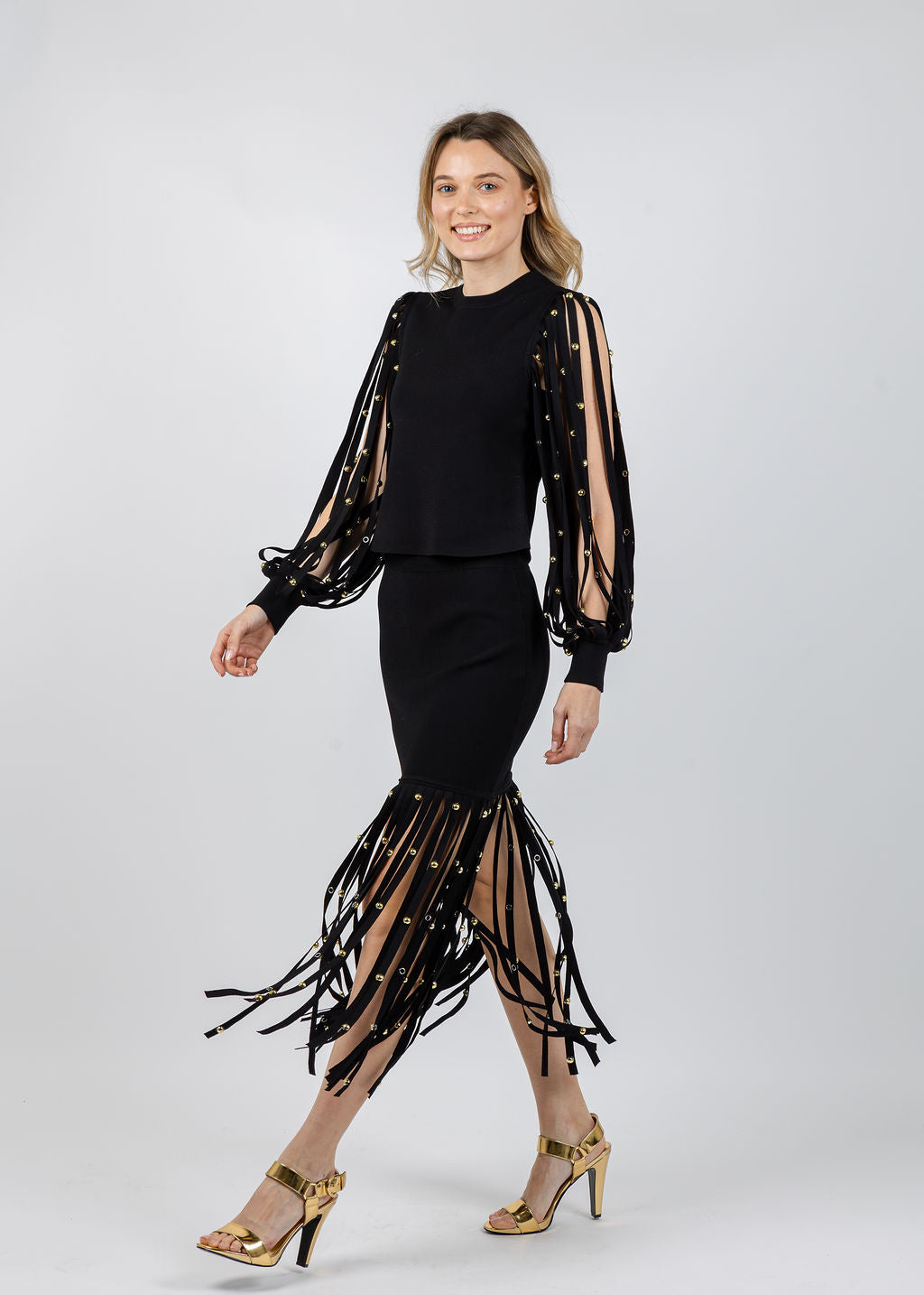 Simkhai Kinney Long Sleeve Top paired with Simkhai Melva Midi Skirt in Black available at Barbara Katz