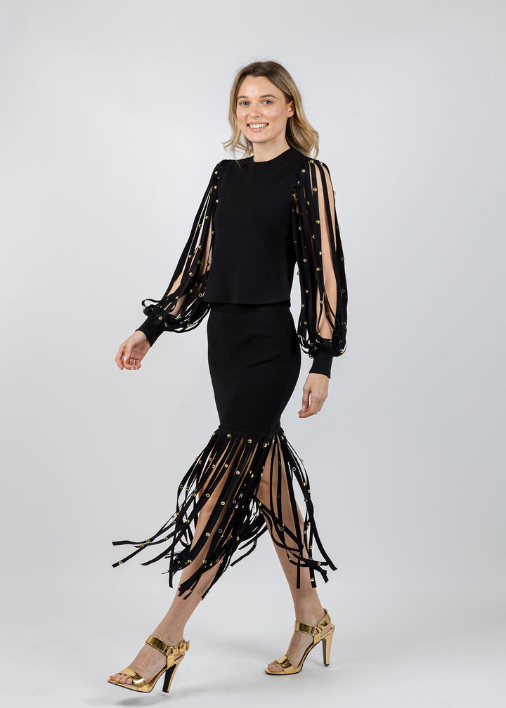 Simkhai Kinney Long Sleeve Top paired with Simkhai Melva Midi Skirt in Black available at Barbara Katz