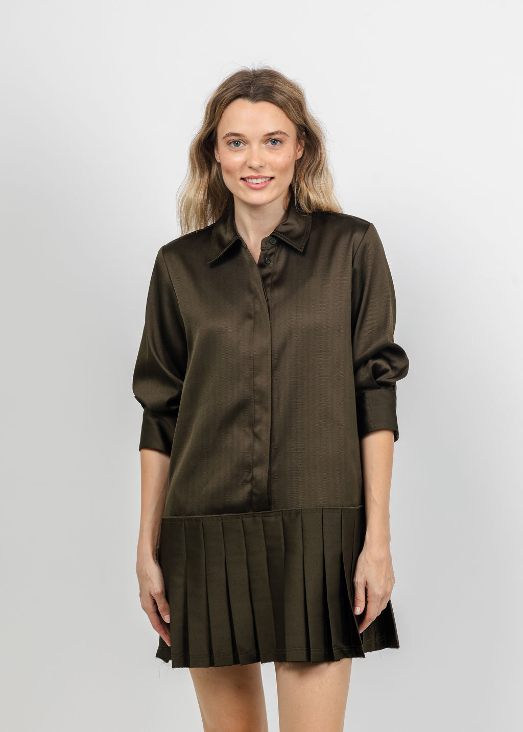 Simkhai Regina Short Sleeve Mini Dress in Dark Olive available at Barbara Katz
