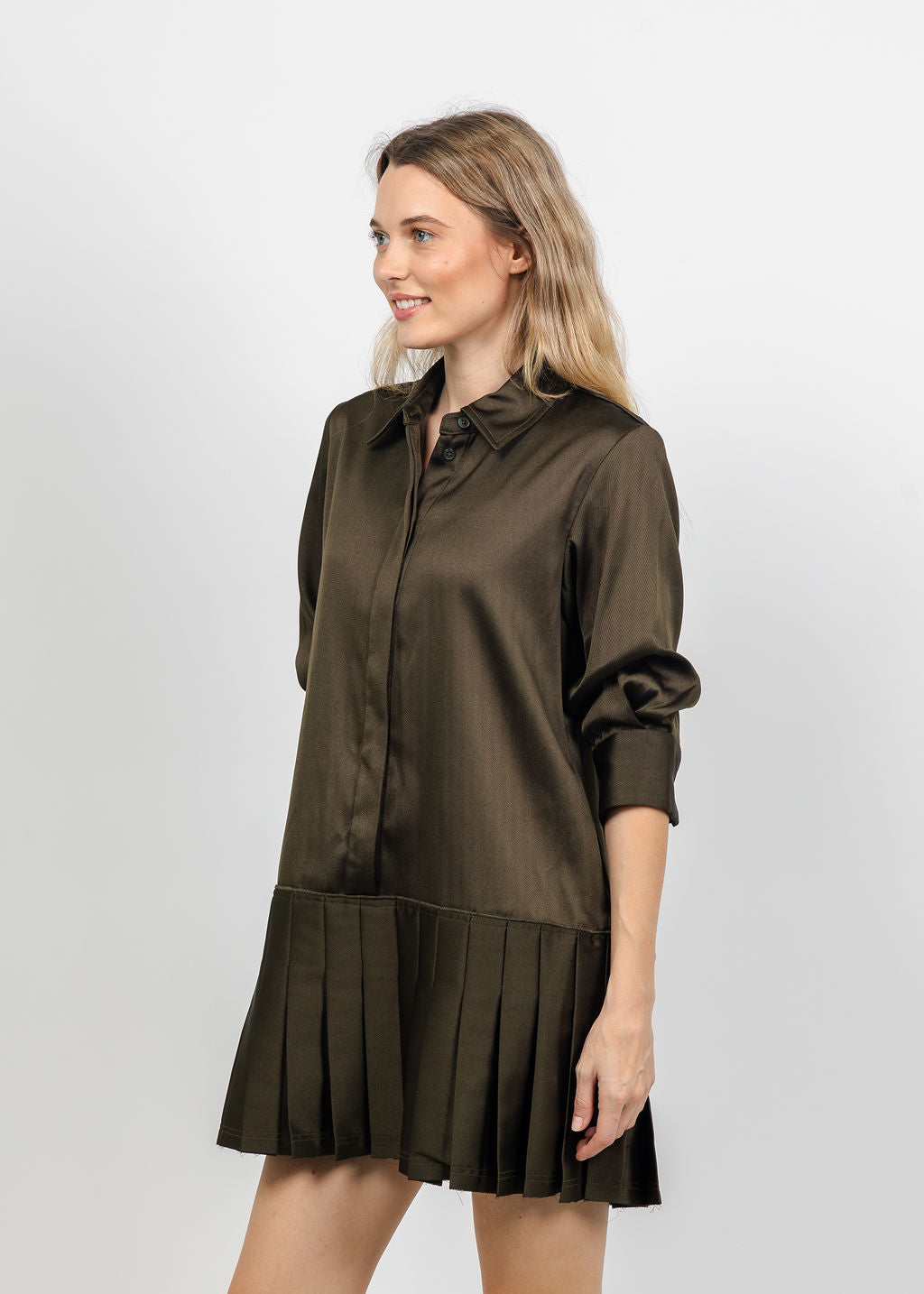 Simkhai Regina Short Sleeve Mini Dress in Dark Olive available at Barbara Katz