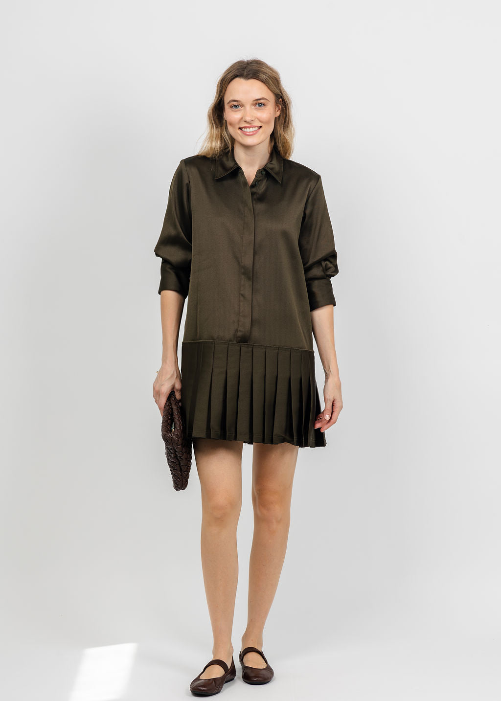 Simkhai Regina Short Sleeve Mini Dress in Dark Olive available at Barbara Katz
