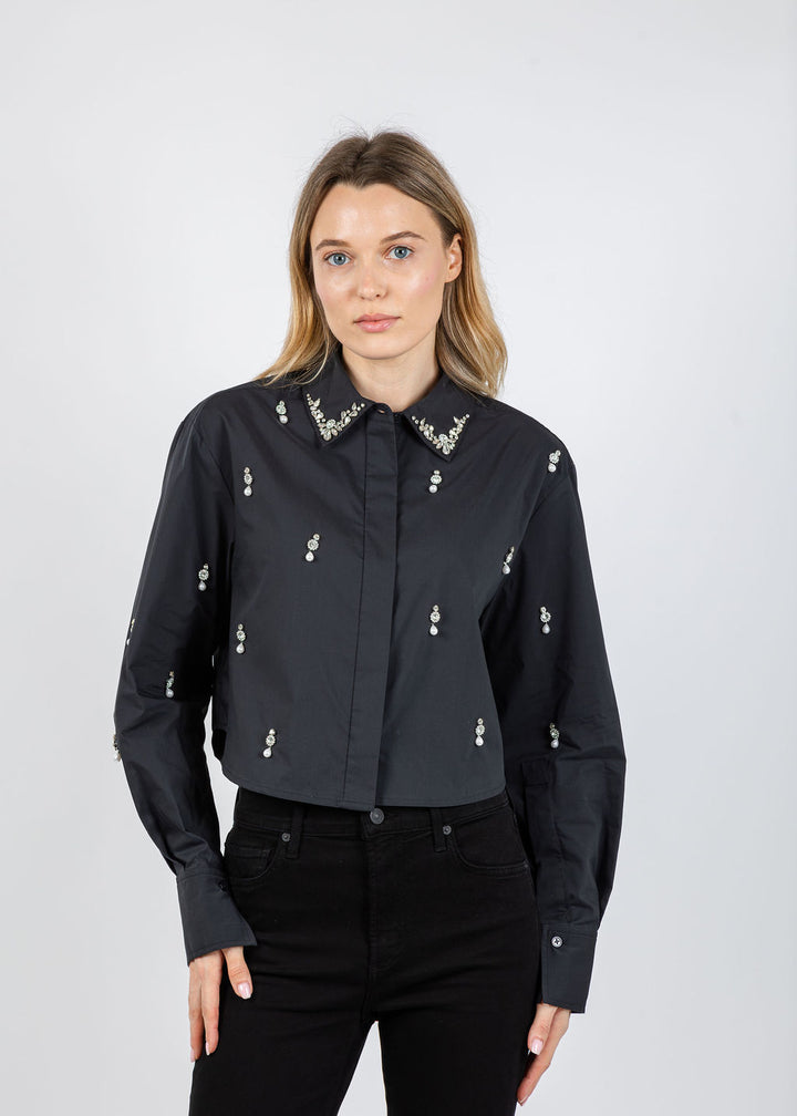 Simkhai Renata Embellished Cropped Button-Down Shirt in Black available at Barbara Katz