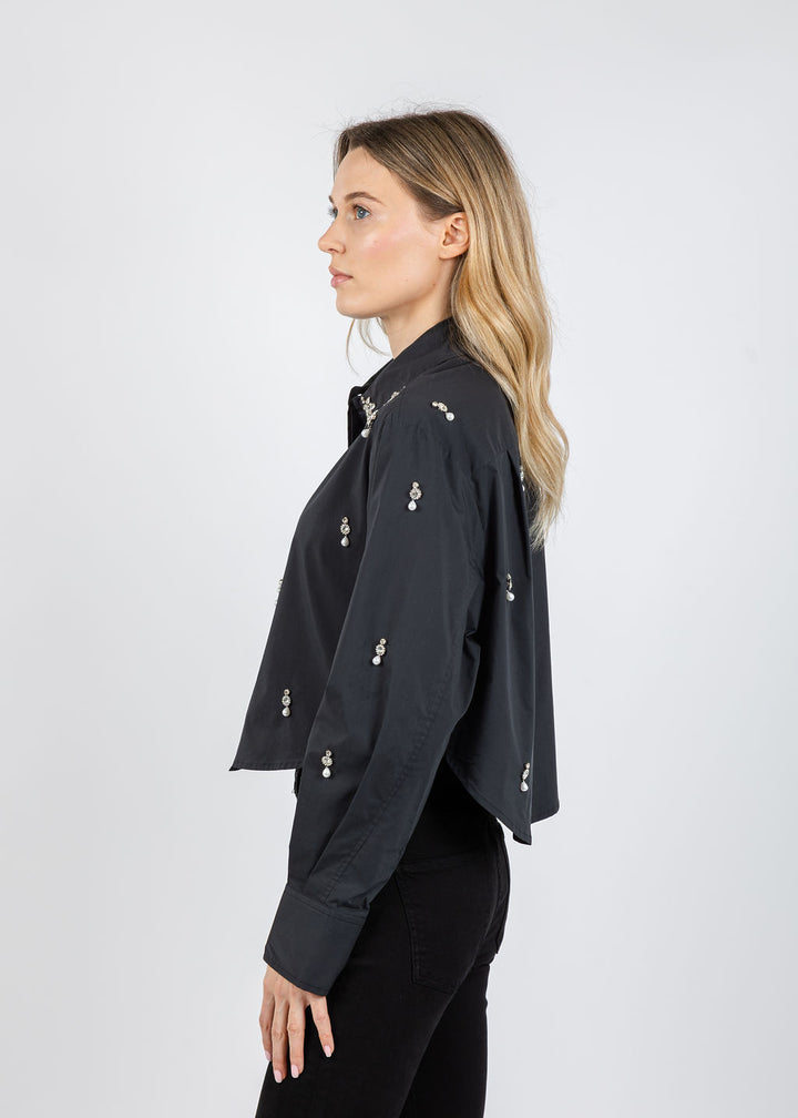 Simkhai Renata Embellished Cropped Button-Down Shirt in Black available at Barbara Katz