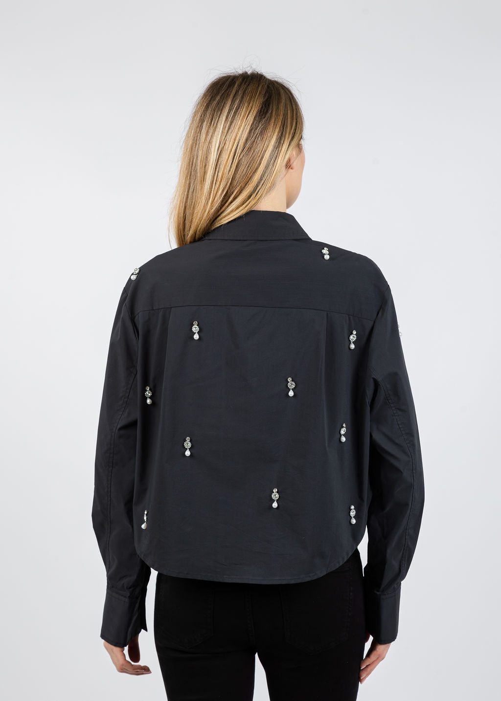 Simkhai Renata Embellished Cropped Button-Down Shirt in Black available at Barbara Katz