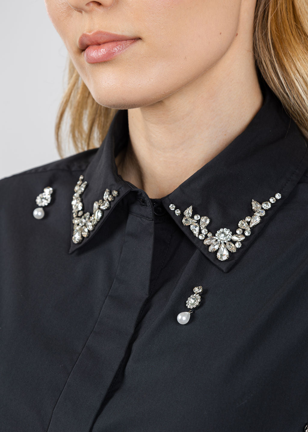 Simkhai Renata Embellished Cropped Button-Down Shirt in Black available at Barbara Katz