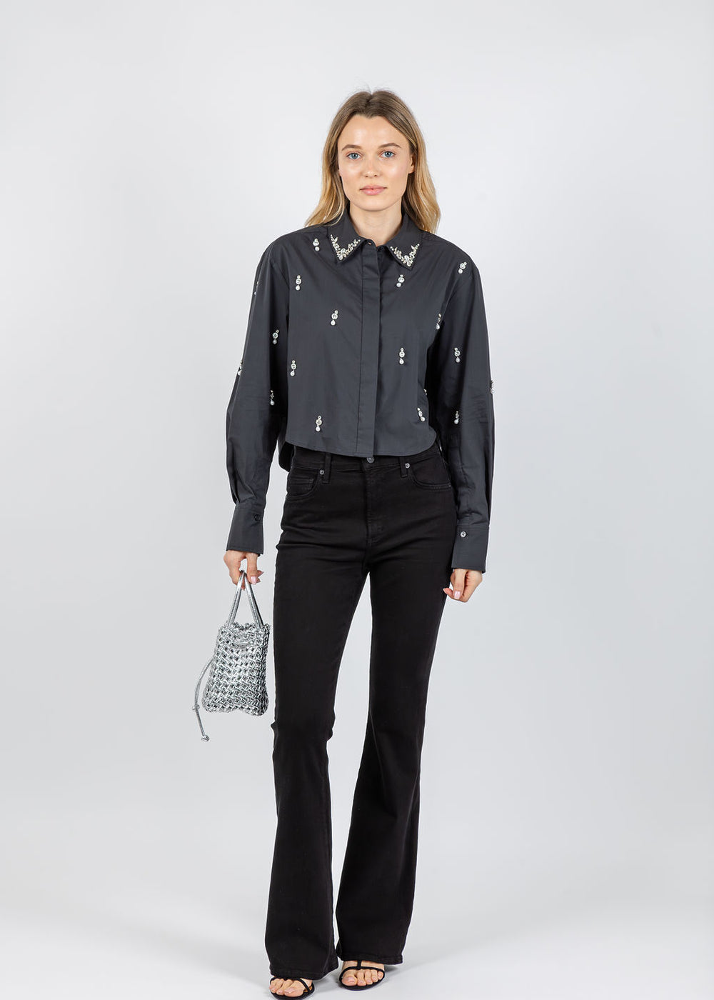 Simkhai Renata Embellished Cropped Button-Down Shirt in Black available at Barbara Katz