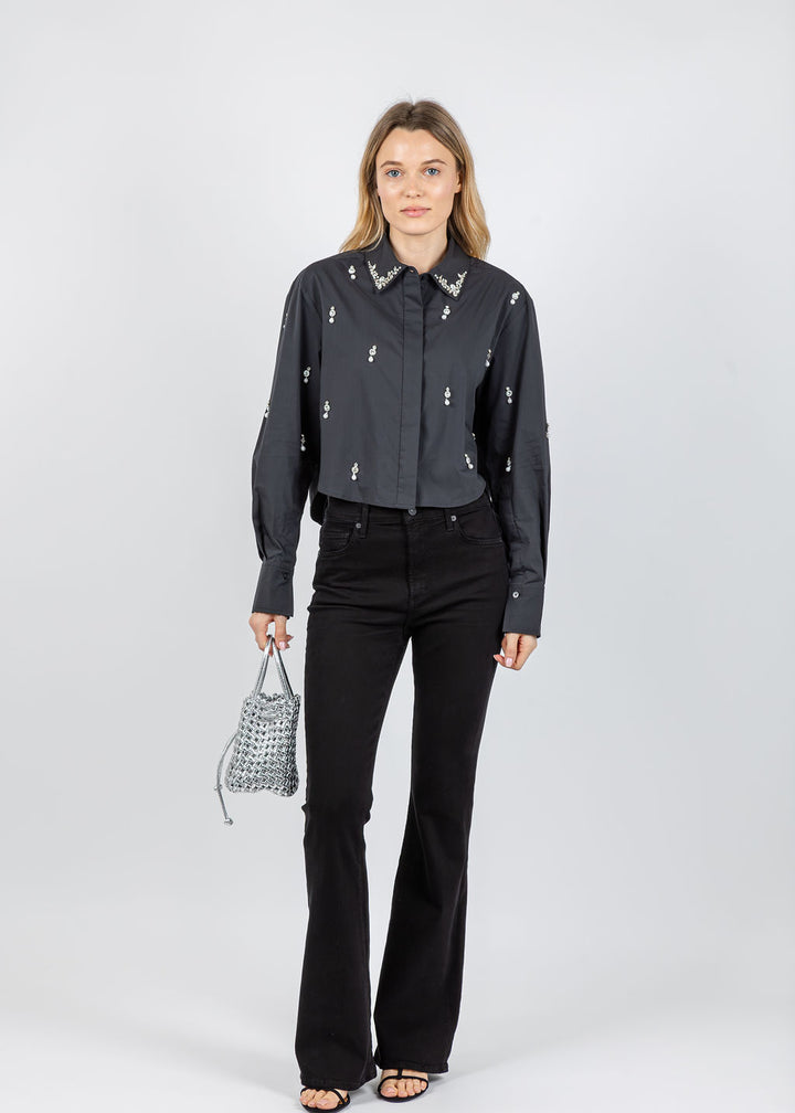 Simkhai Renata Embellished Cropped Button-Down Shirt in Black available at Barbara Katz