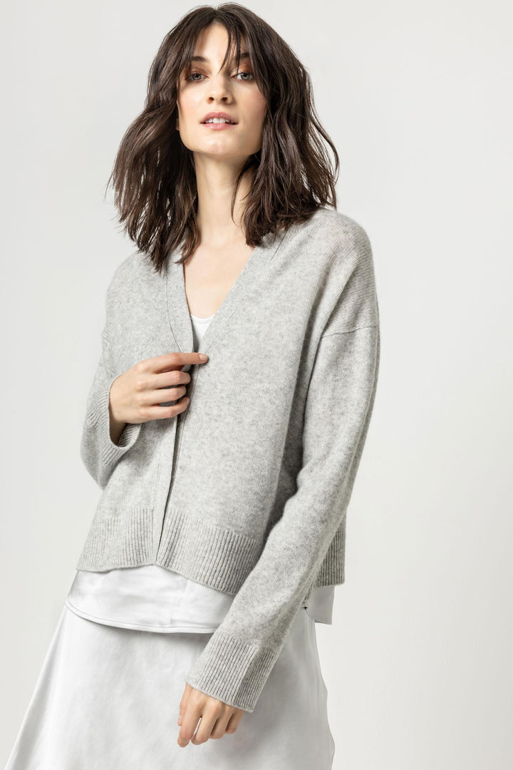 Lilla P - Snap Front Cardigan Sweater in Heather Grey