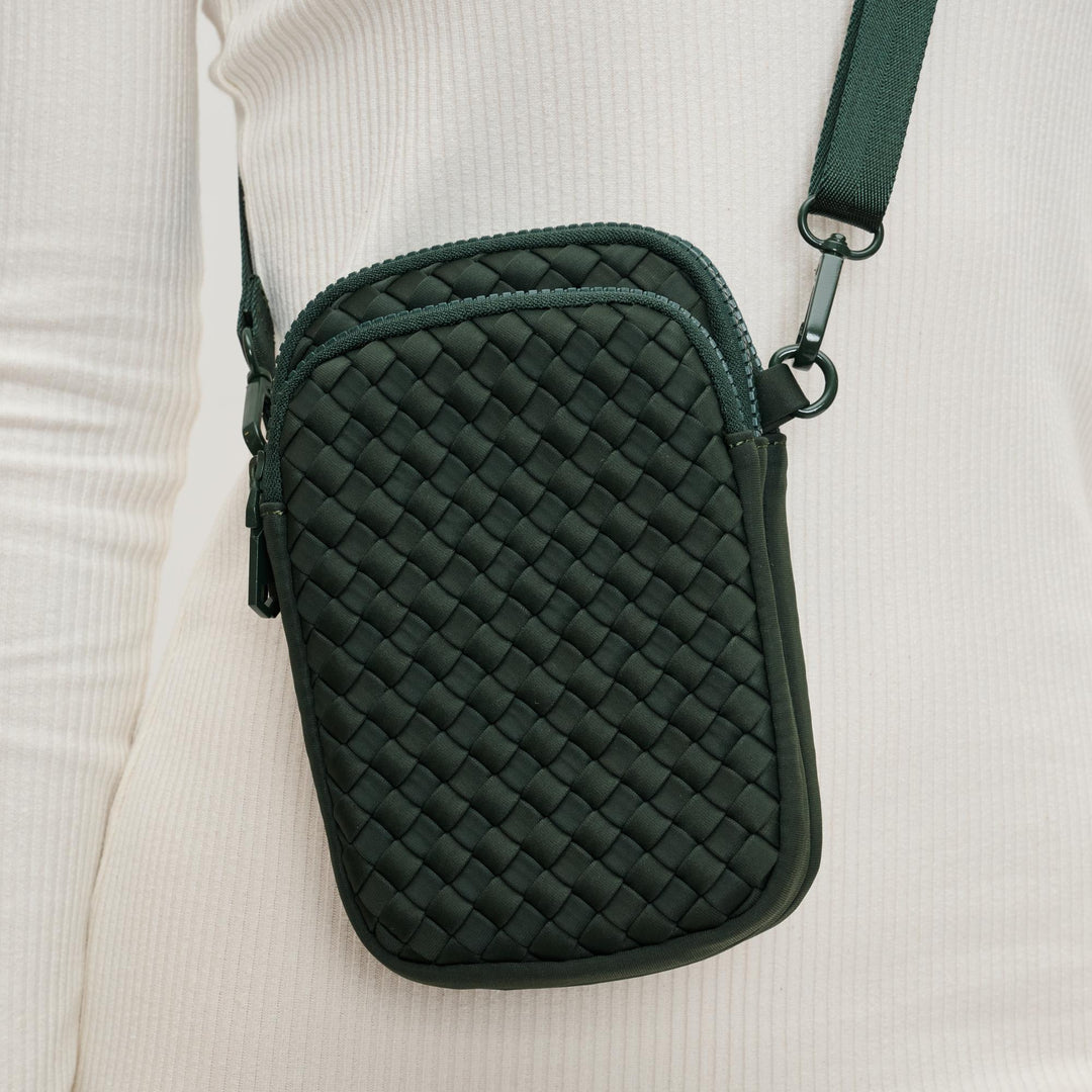 Sol and Selene Divide & Conquer Woven Crossbody Bag in Olive available at Barbara Katz