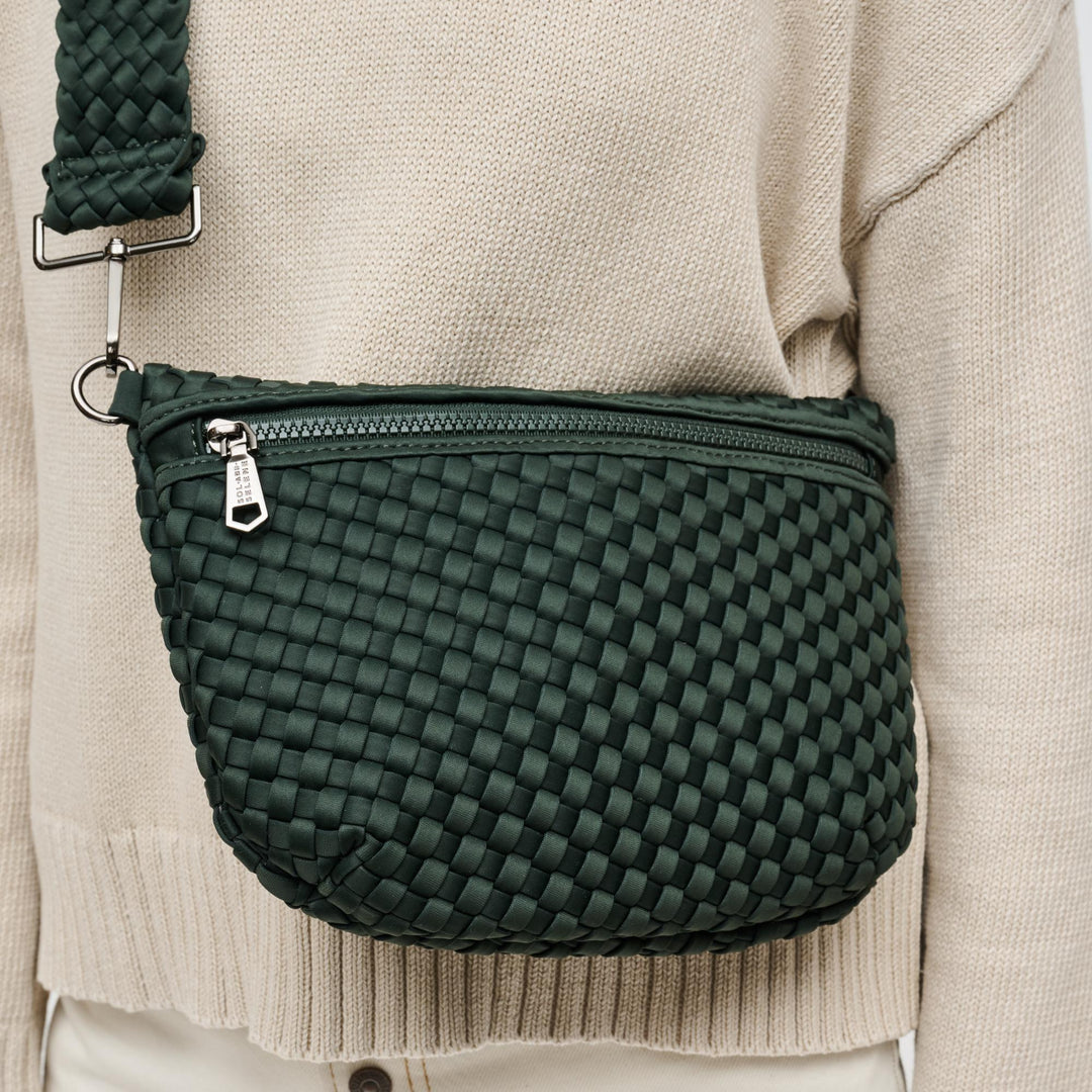 Sol and Selene Ethereal Woven Neoprene Crossbody Bag in Olive available at Barbara Katz