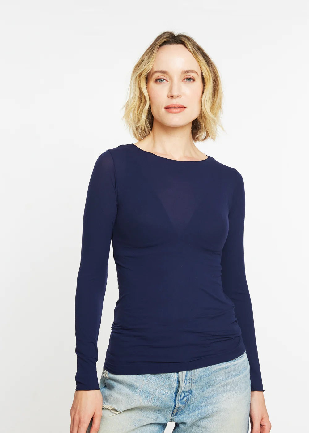 AMB Solid Raw Edge High Neck Second Skin Top - Navy