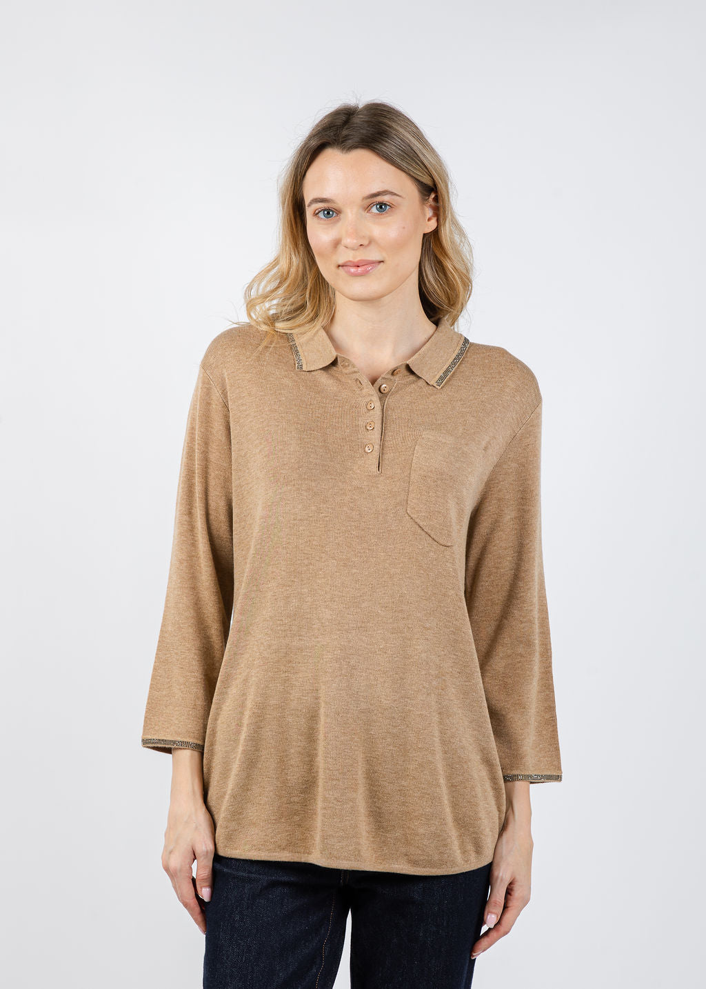 Spanner/Gaby Ava Sparkle Polo Neck Sweater in Caramel available at Barbara Katz