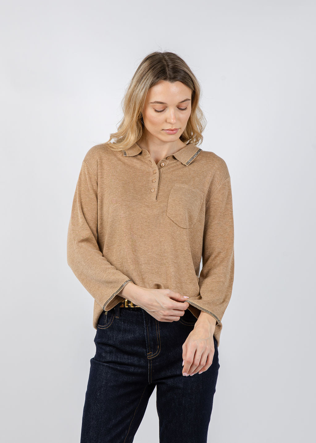 Spanner/Gaby Ava Sparkle Polo Neck Sweater in Caramel available at Barbara Katz