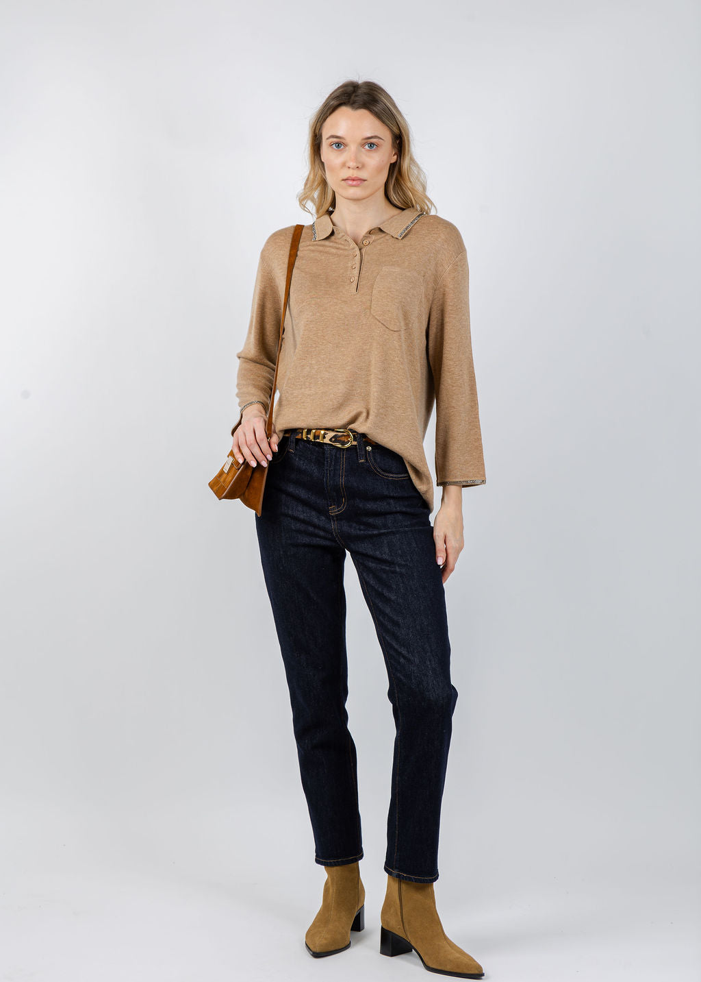 Spanner/Gaby Ava Sparkle Polo Neck Sweater in Caramel available at Barbara Katz