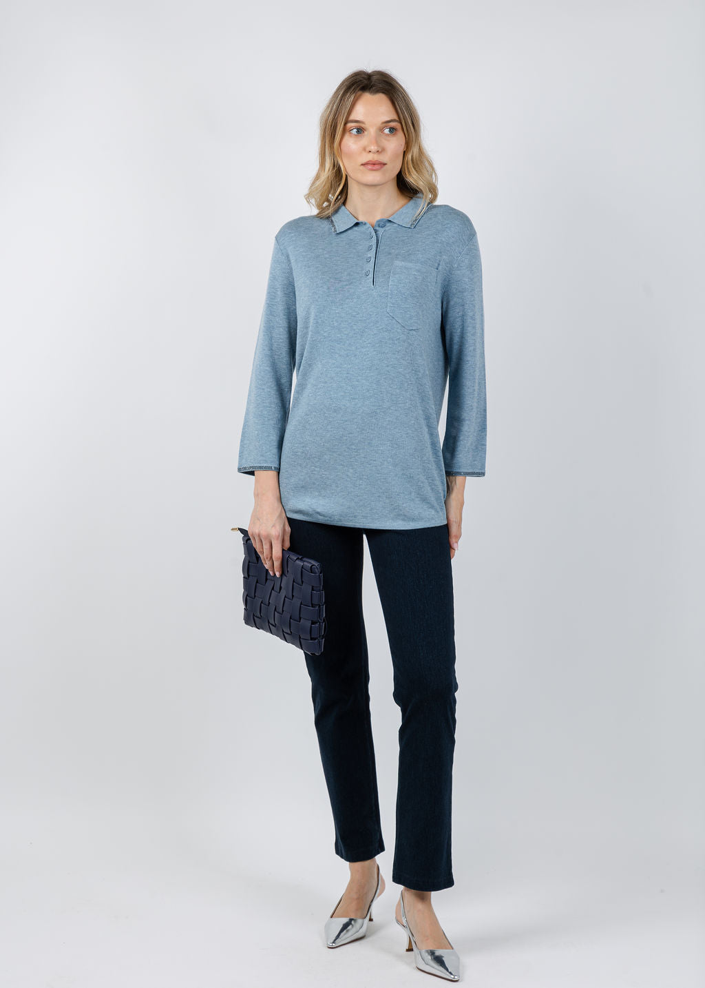 Spanner/Gaby Ava Sparkle Polo Neck Sweater in Ice Blue available at Barbara Katz