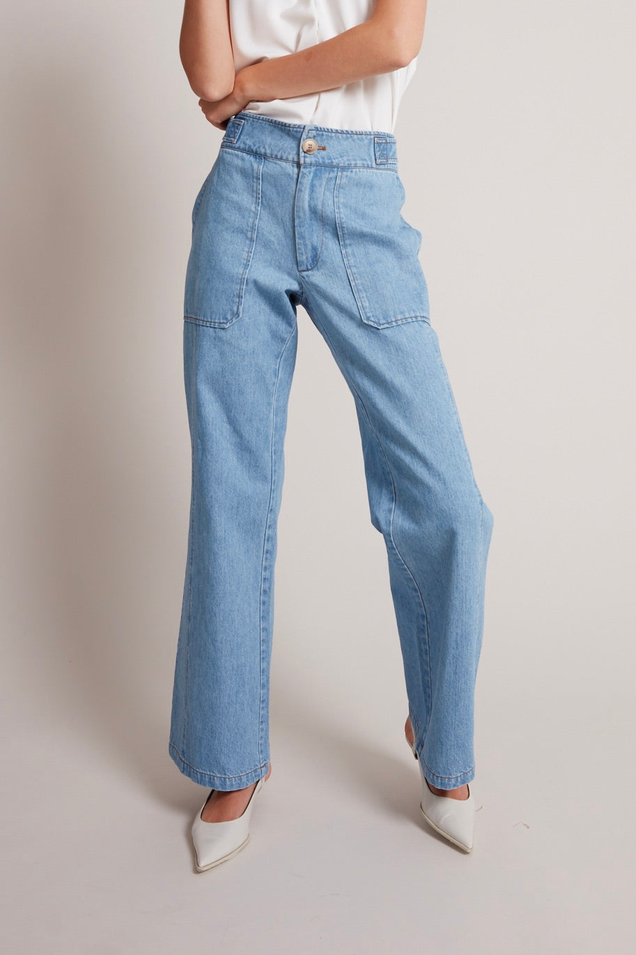 Adroit Atelier Spencer Mid Waist Denim Pants in Medium Wash available at Barbara Katz