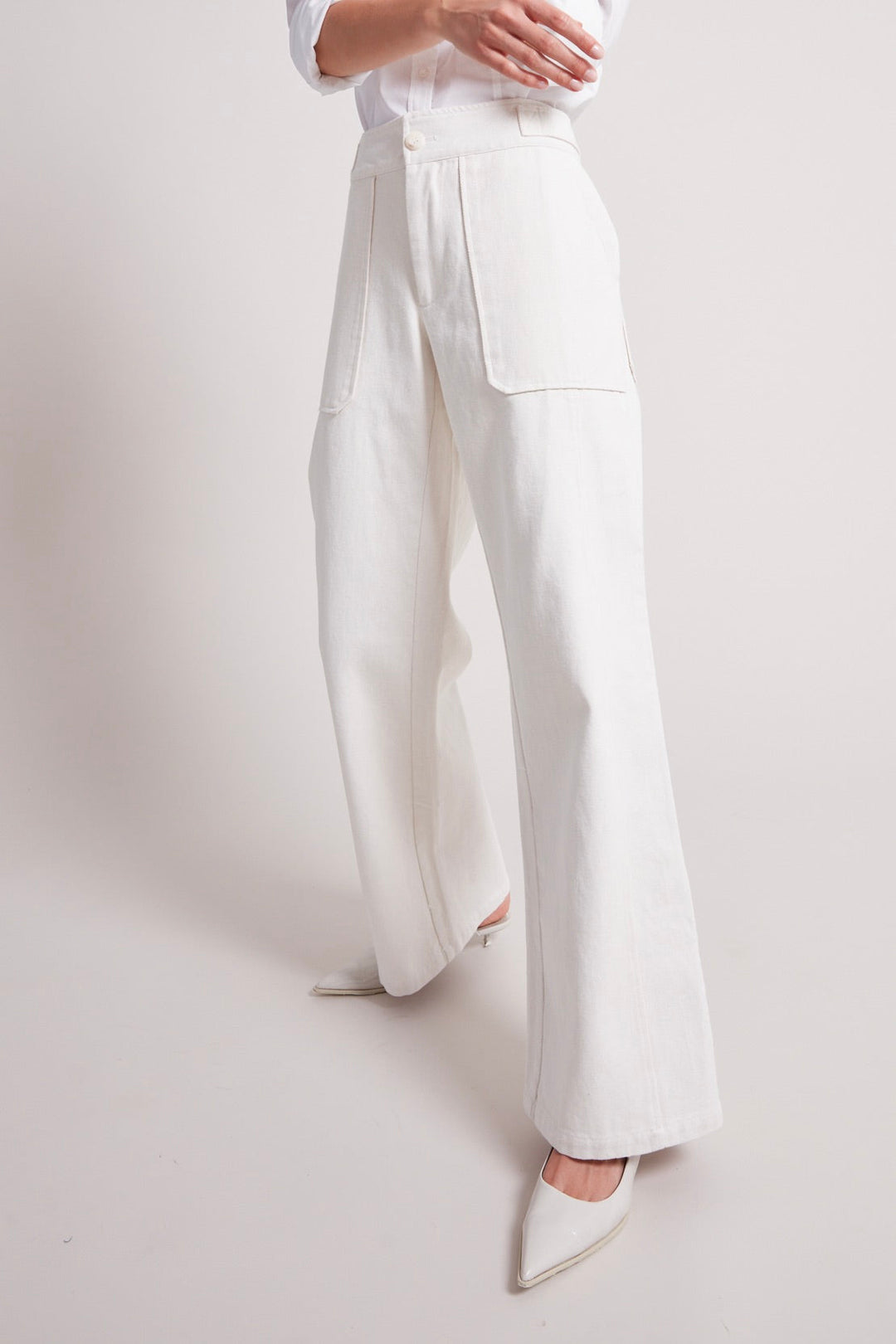 Adroit Atelier Spencer Mid Waist Denim Pants in Off White available at Barbara Katz