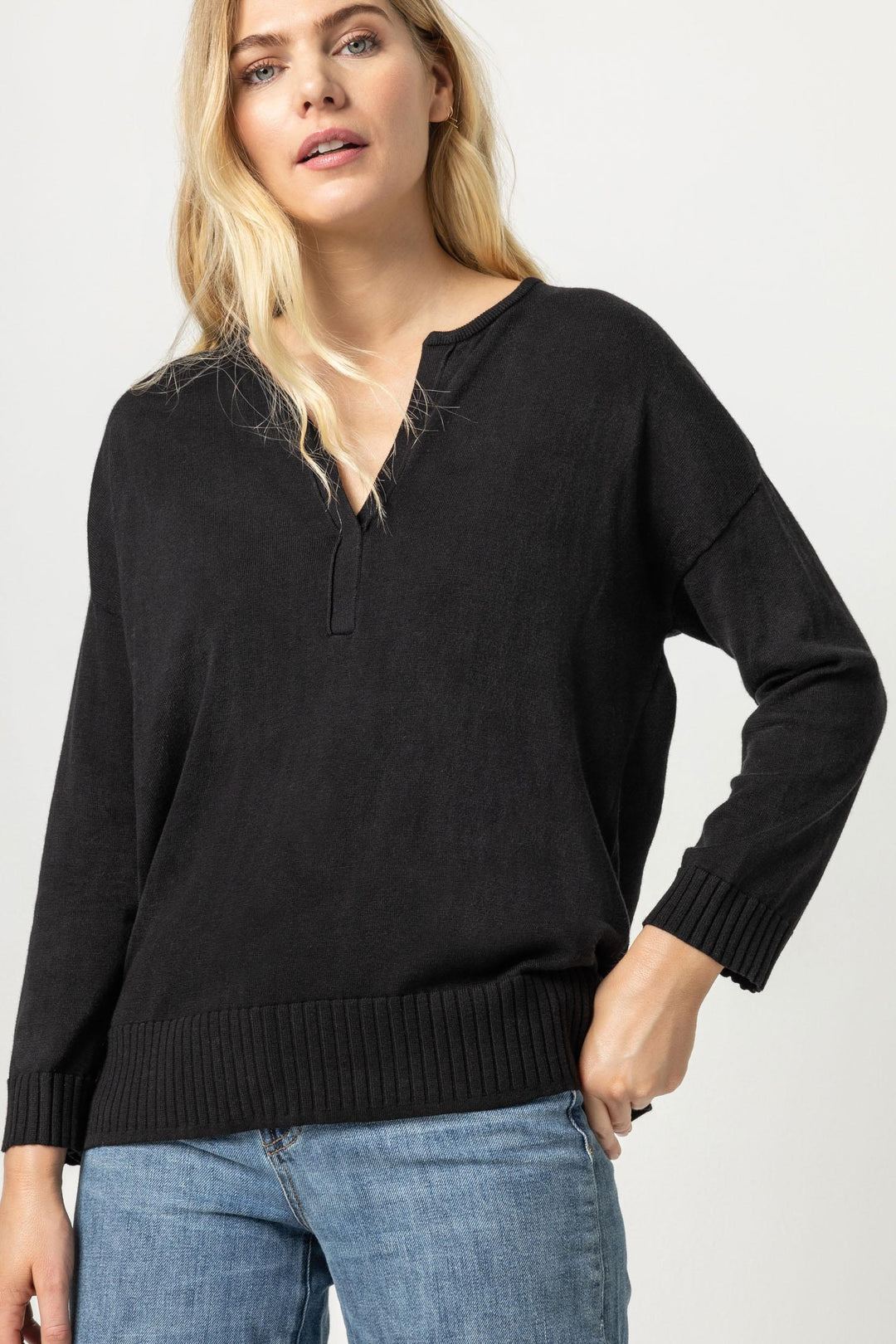 LILLA P. Split Neck Pullover Sweater - Black