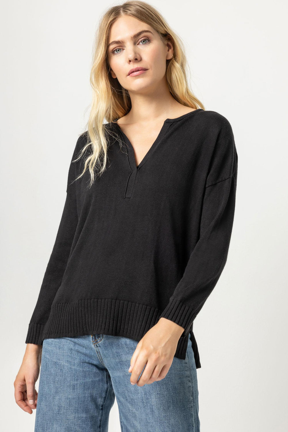 LILLA P. Split Neck Pullover Sweater - Black