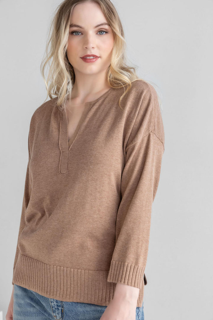 LILLA P. Split Neck Pullover Sweater - Flax