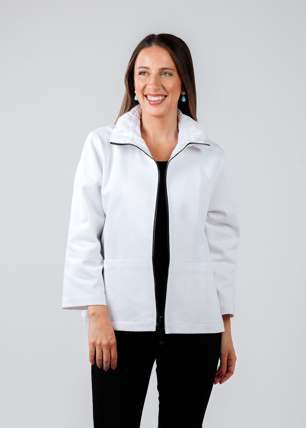 Caroline Rose Stretch Denim Jacket in White available at Barbara Katz