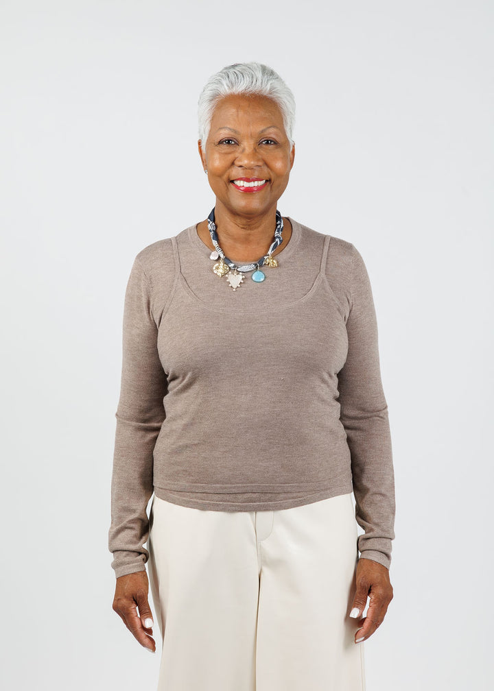 Suncoo Prava Thin Layered Pullover Sweater in Taupe available at Barbara Katz