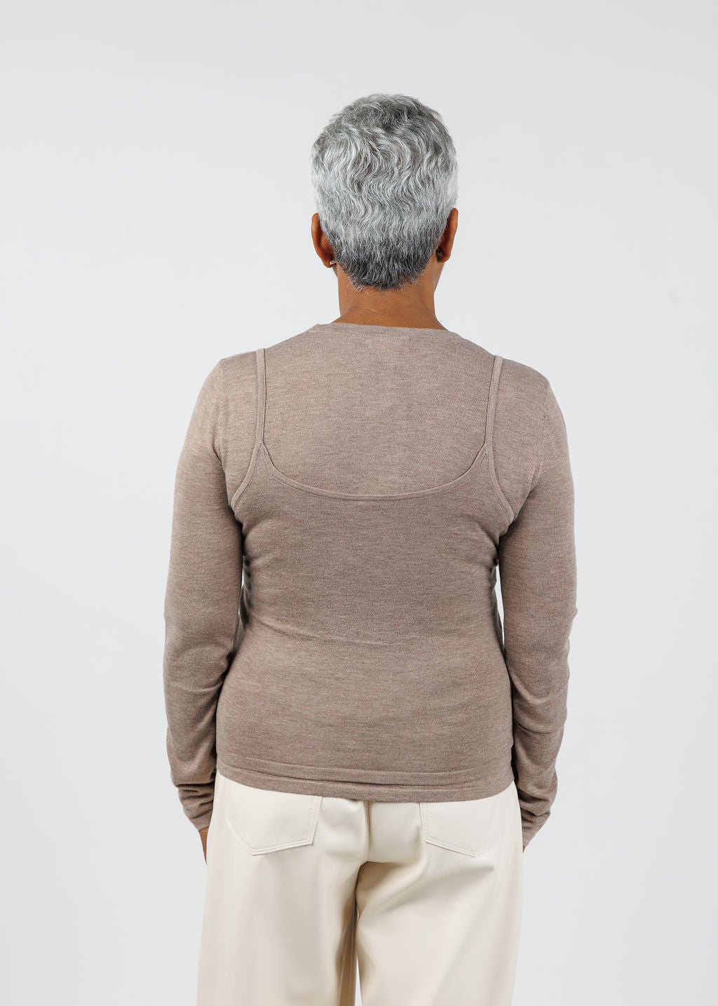 Suncoo Prava Thin Layered Pullover Sweater in Taupe available at Barbara Katz
