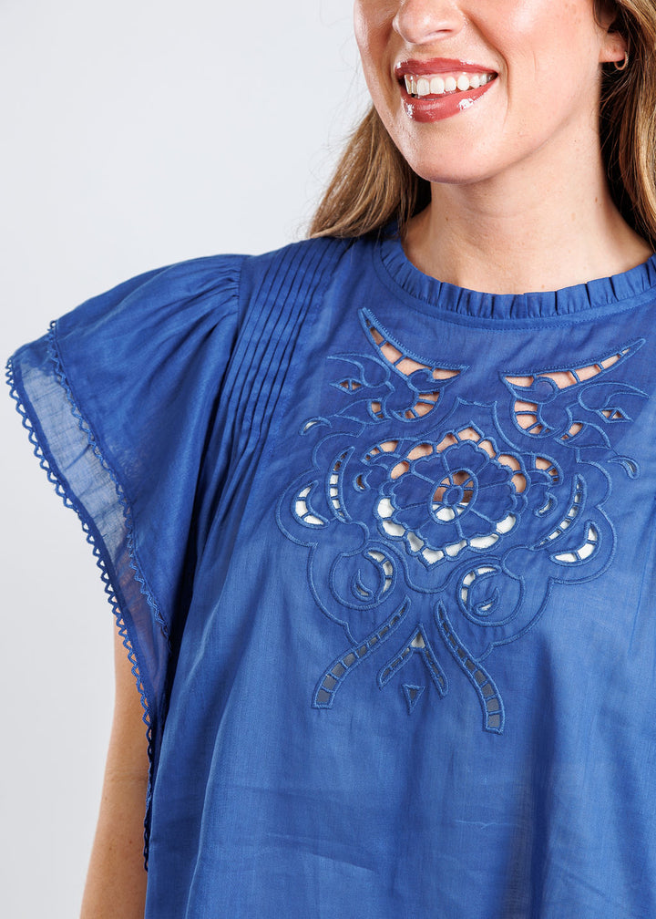 Suncoo Love Embroidered Blouse in Blue available at Barbara Katz