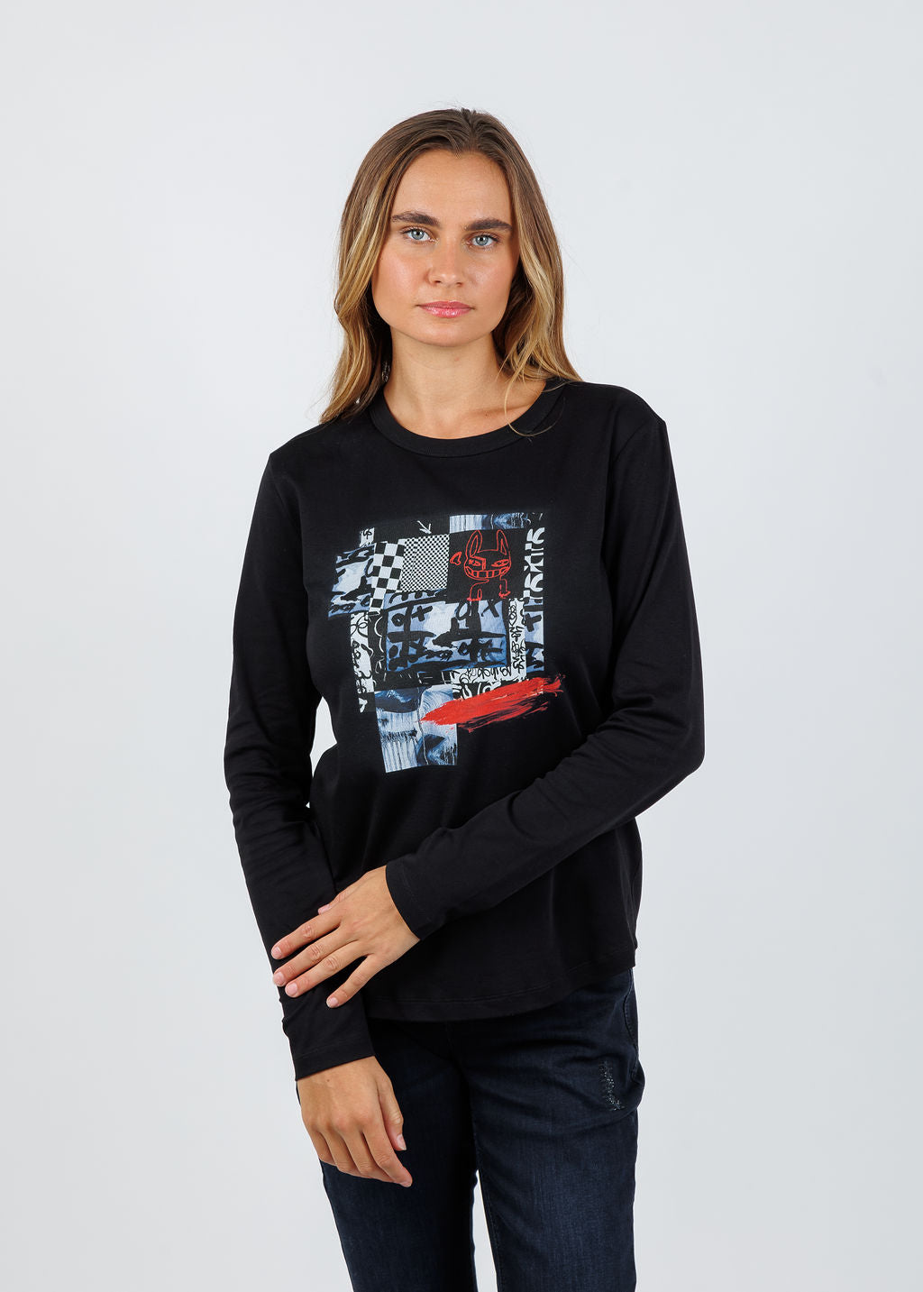 Suzi Roher Catherine Black Long Sleeve Crew Tee in Red Bunny available at Barbara Katz